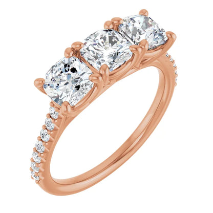 Cushion Rose Gold Tri Stone Lab Diamonds Engagement Ring 