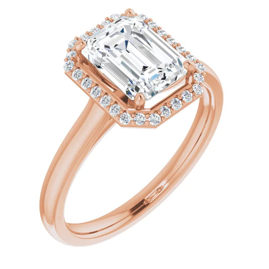 Emerald Halo Solitaire Lab Diamond Engagement Ring Rose Gold. 