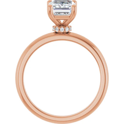 Emerald Cut Rose Gold Low Hidden Halo Solitaire Engagement Ring