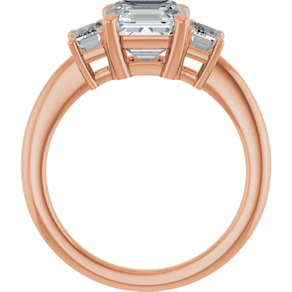 Asscher Rose Gold Tri Stone Lab Diamond Engagement Ring
