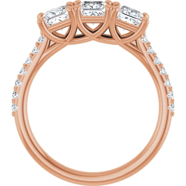 Princess Rose Gold Tri Stone Lab Diamonds Engagement Ring 