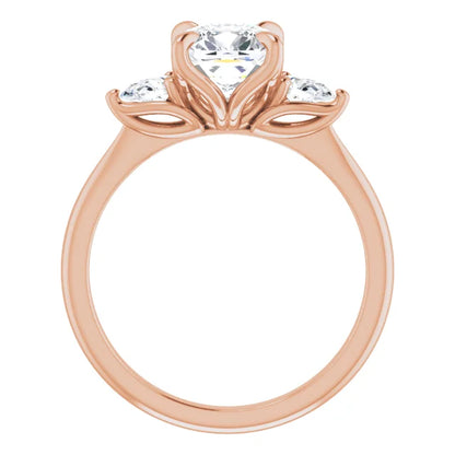 Cushion Rose Gold Tri -Stone Style Pear Accent Engagement Ring