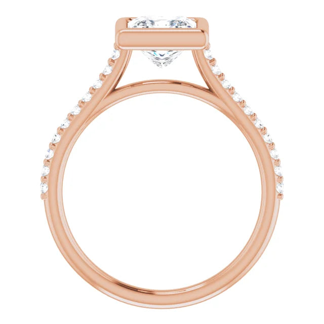 Princess Rose Gold Bezel Pave Lab Diamond Engagement Ring 