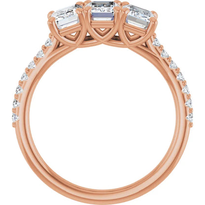 Emerald Rose Gold Tri Stone Lab Diamonds Engagement Ring 