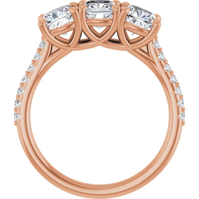 Cushion Rose Gold Tri Stone Lab Diamonds Engagement Ring 
