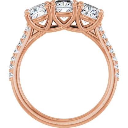 Cushion Rose Gold Tri Stone Lab Diamonds Engagement Ring 