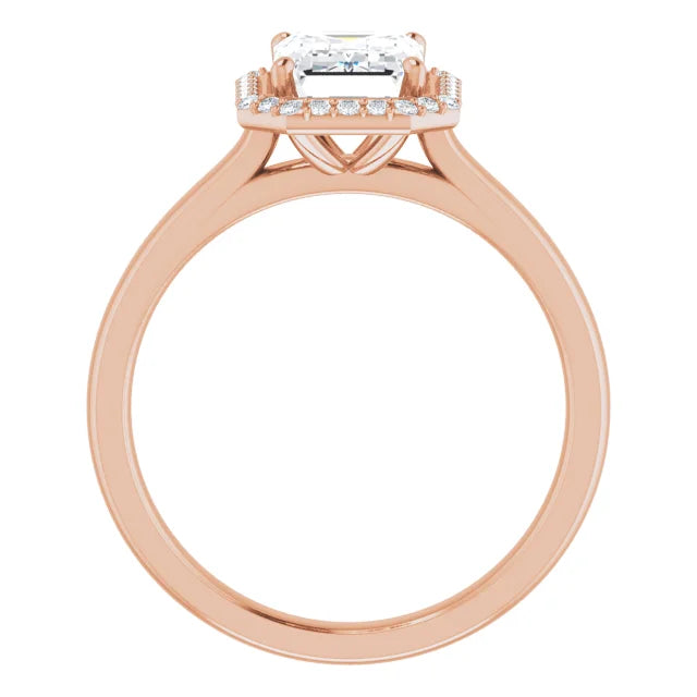 Emerald Halo Solitaire Lab Diamond Engagement Ring Rose Gold. 
