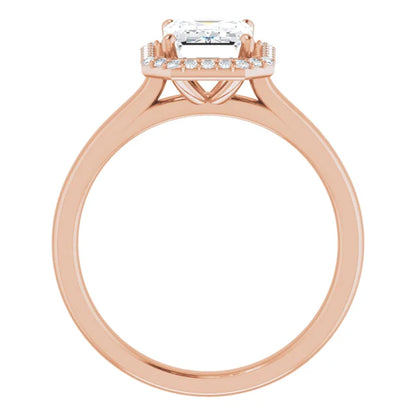 Emerald Halo Solitaire Lab Diamond Engagement Ring Rose Gold. 