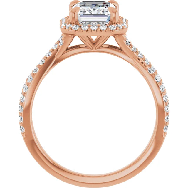 Emerald Rose Gold Twist Band Halo Lab Diamond Engagement Ring  