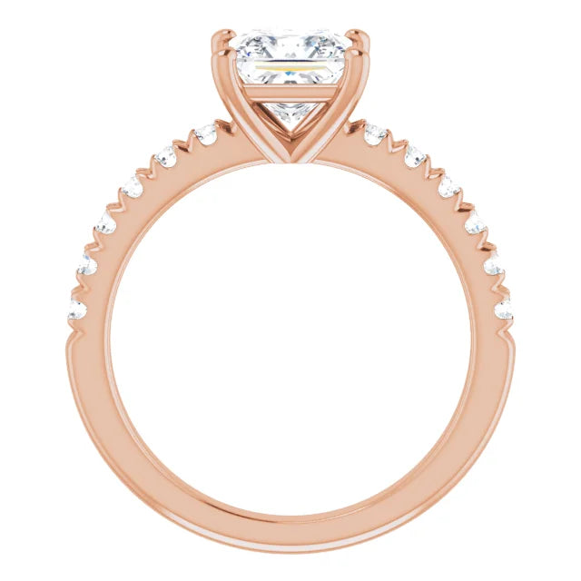 Princess Rose Gold Four Claw Pave Band Lab Diamond Engagement Ring 