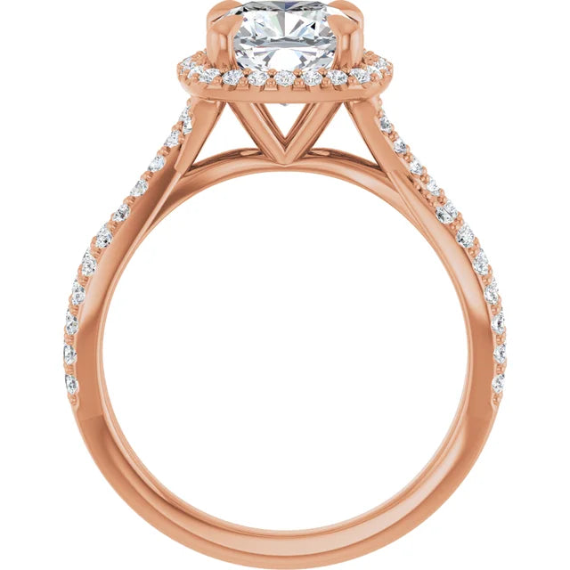 Cushion Rose Gold Twist Band Halo Lab Diamond Engagement Ring  