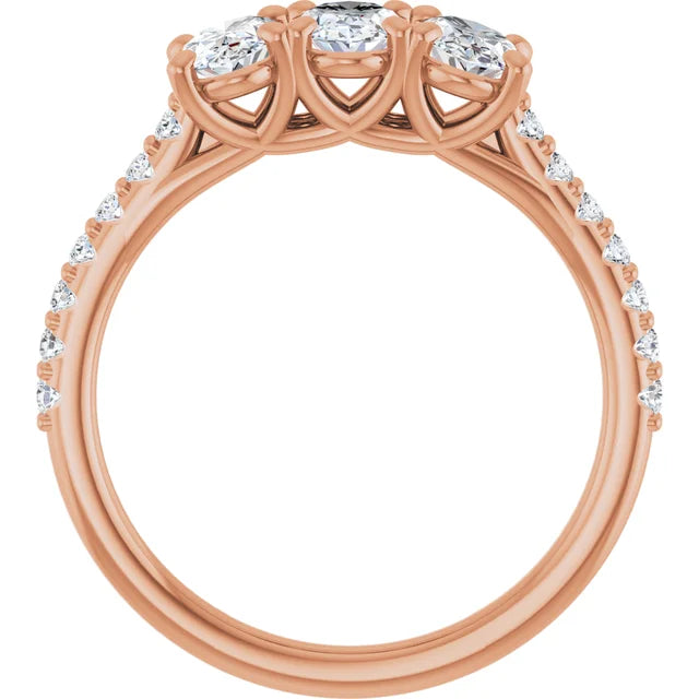 Oval Rose Gold Tri Stone Lab Diamonds Engagement Ring 