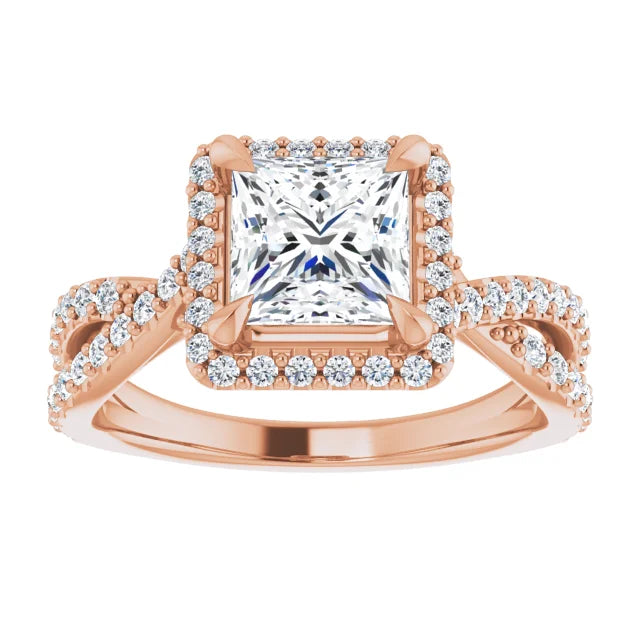 Princess Rose Gold Twist Band Halo Lab Diamond Engagement Ring  