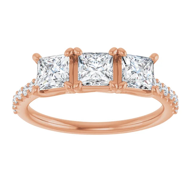 Princess Rose Gold Tri Stone Lab Diamonds Engagement Ring 