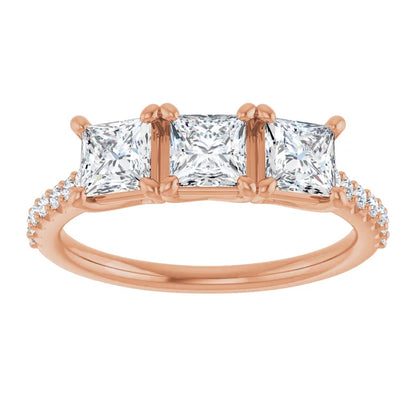 Princess Rose Gold Tri Stone Lab Diamonds Engagement Ring 