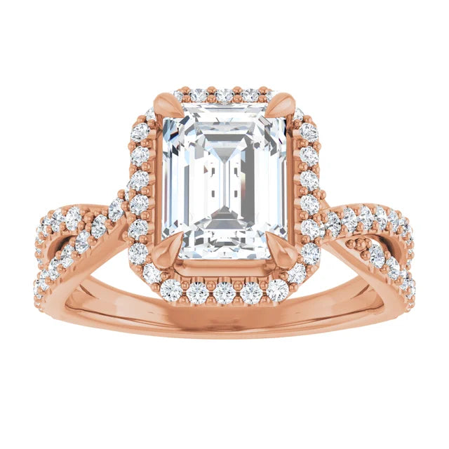 Emerald Rose Gold Twist Band Halo Lab Diamond Engagement Ring  