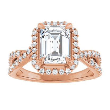 Emerald Rose Gold Twist Band Halo Lab Diamond Engagement Ring  