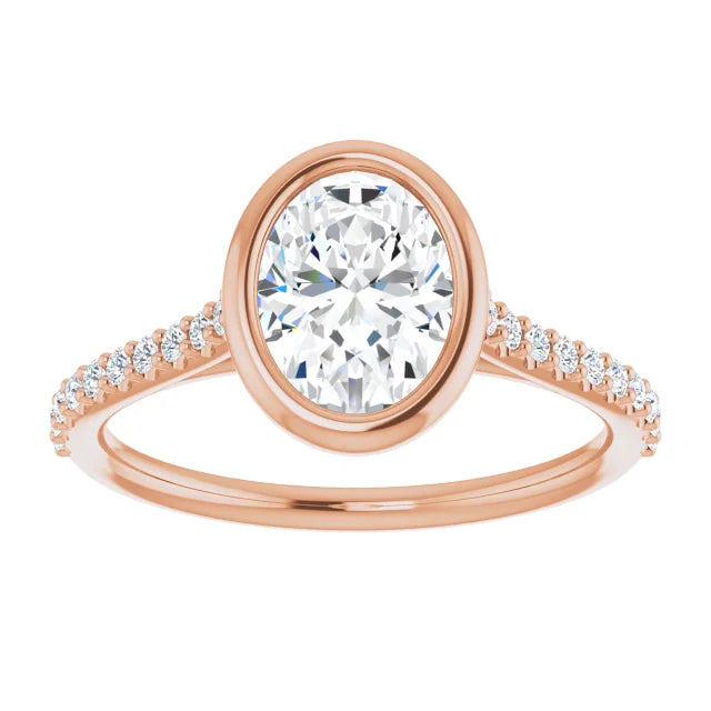 Oval Rose Gold Bezel Pave Lab Diamond Engagement Ring 