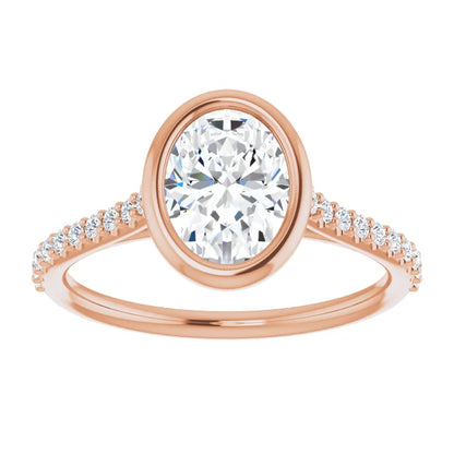 Oval Rose Gold Bezel Pave Lab Diamond Engagement Ring 