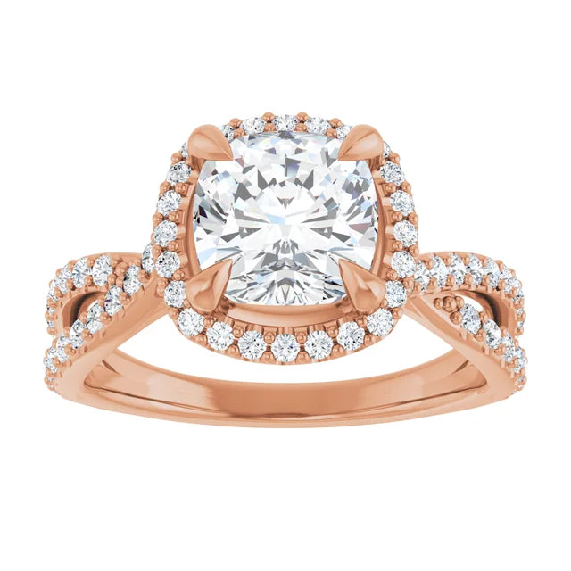 Cushion Rose Gold Twist Band Halo Lab Diamond Engagement Ring  