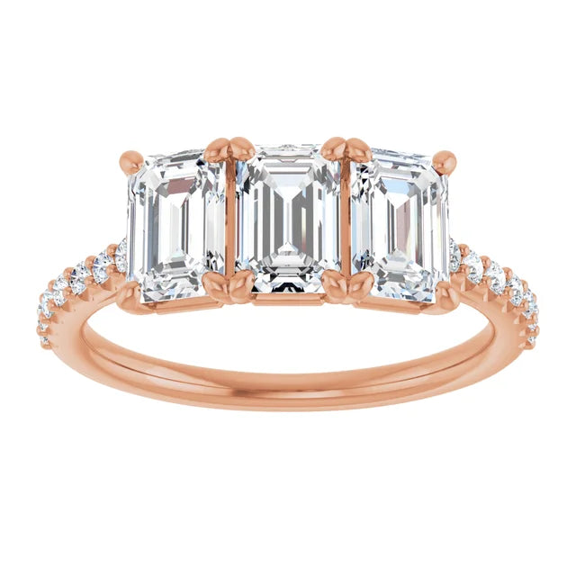 Emerald Rose Gold Tri Stone Lab Diamonds Engagement Ring 
