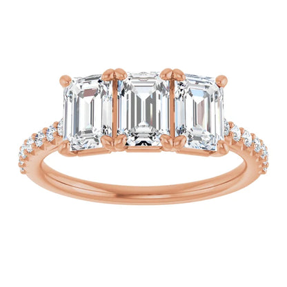 Emerald Rose Gold Tri Stone Lab Diamonds Engagement Ring 