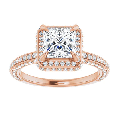 Princess Rose Gold Halo Pave Style Lab Diamond Engagement Ring 