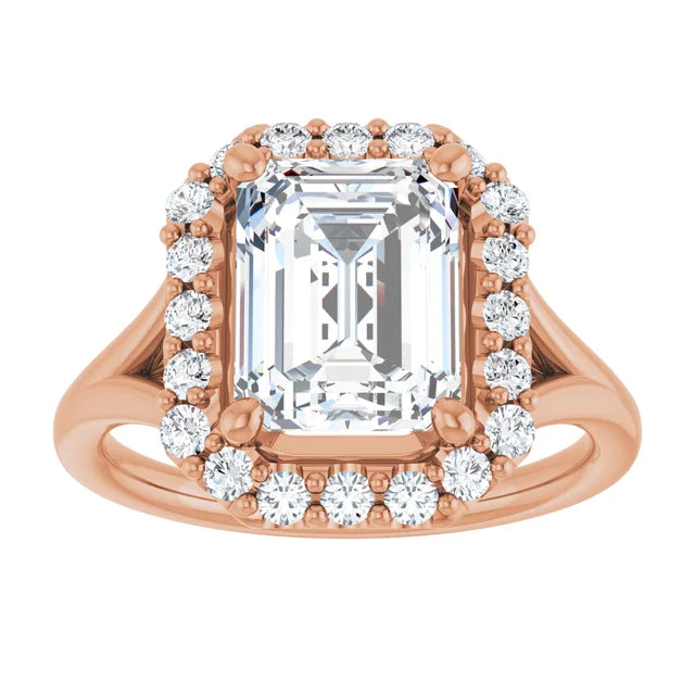Emerald Rose Gold Halo Solitaire Split Band Lab Diamond Engagement Ring 
