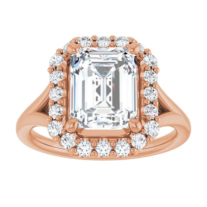 Emerald Rose Gold Halo Solitaire Split Band Lab Diamond Engagement Ring 