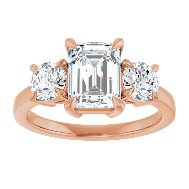 Emerald Rose Gold Tri Stone Lab Diamond Engagement Ring 