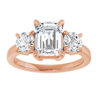 Emerald Rose Gold Tri Stone Lab Diamond Engagement Ring 