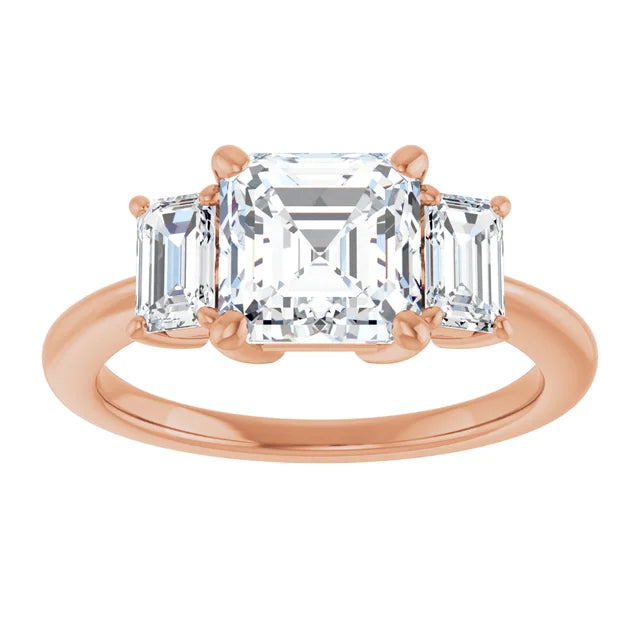Asscher Rose Gold Tri Stone Lab Diamond Engagement Ring
