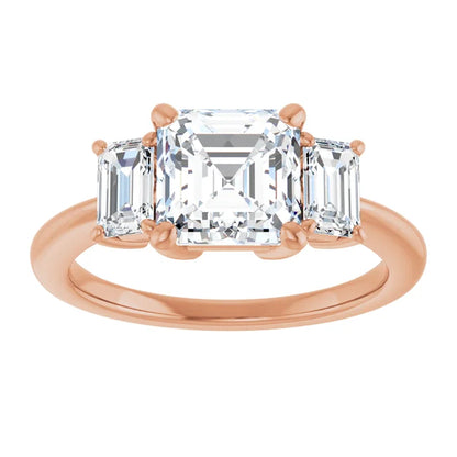 Asscher Rose Gold Tri Stone Lab Diamond Engagement Ring