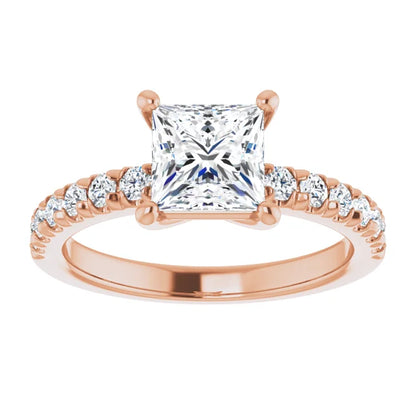 Princess Rose Gold Four Claw Pave Band Lab Diamond Engagement Ring 