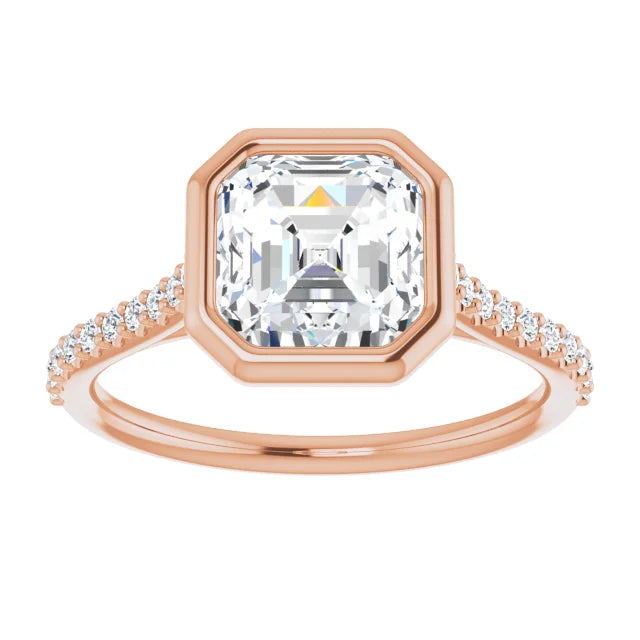 Asscher Rose Gold Bezel Pave Lab Diamond Engagement Ring 