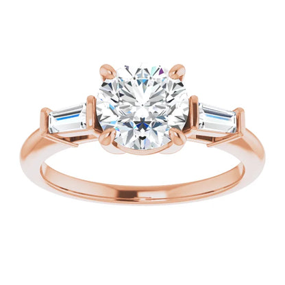 Round Brilliant Rose Gold Baguette Accent Lab Diamond Engagement Ring 