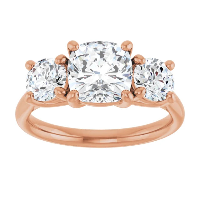Cushion Rose Gold Tri Stone Lab Diamond Engagement Ring