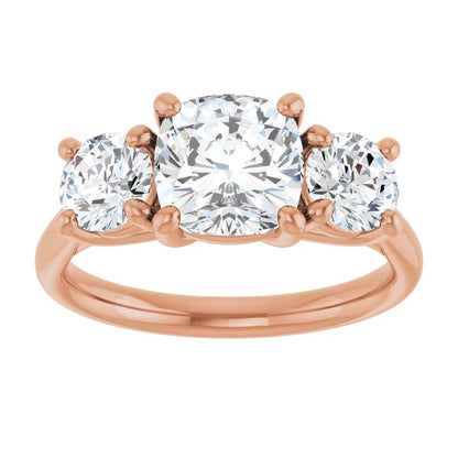Cushion Rose Gold Tri Stone Lab Diamond Engagement Ring