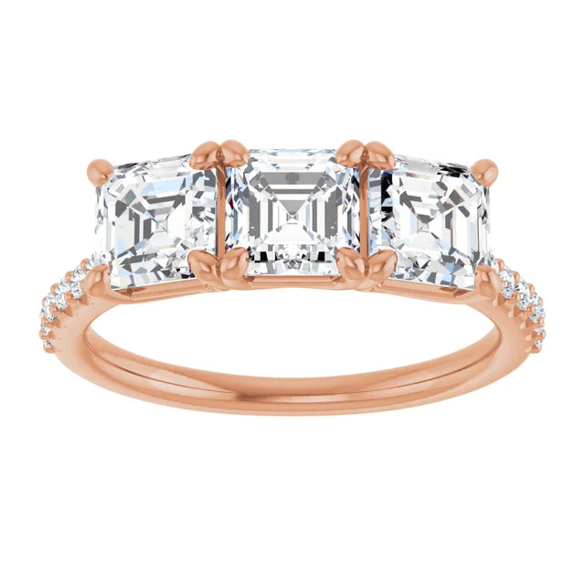 Asscher Rose Gold Tri Stone Lab Diamonds Engagement Ring 