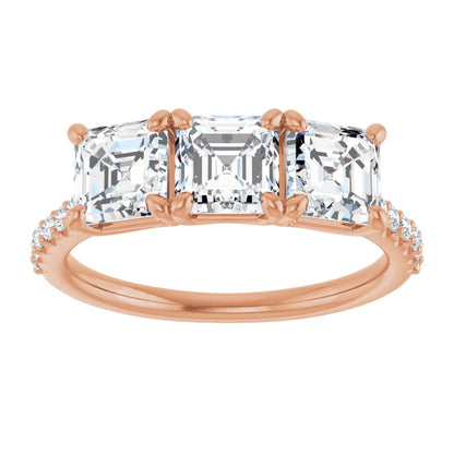 Asscher Rose Gold Tri Stone Lab Diamonds Engagement Ring 