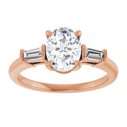 Oval Rose Gold Baguette Accent Lab Diamond Engagement Ring