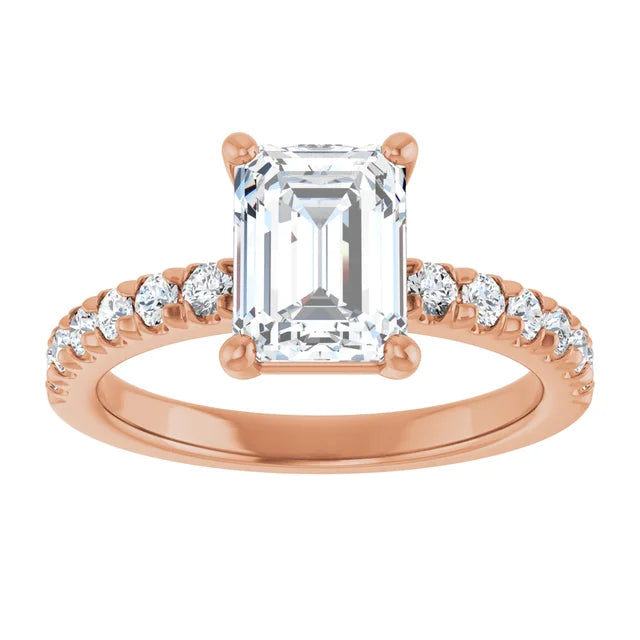 Emerald Four Claw Pave Rose Gold Engagement Ring 