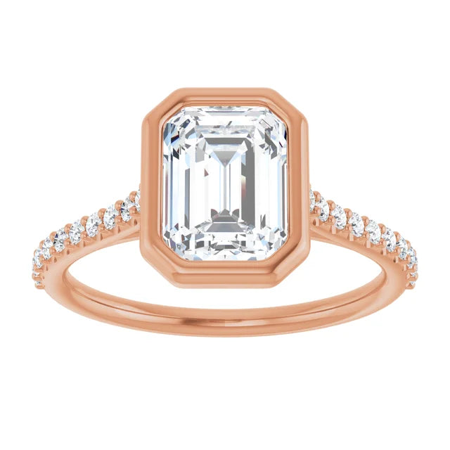 Emerald Rose Gold Bezel Pave Lab Diamond Engagement Ring 