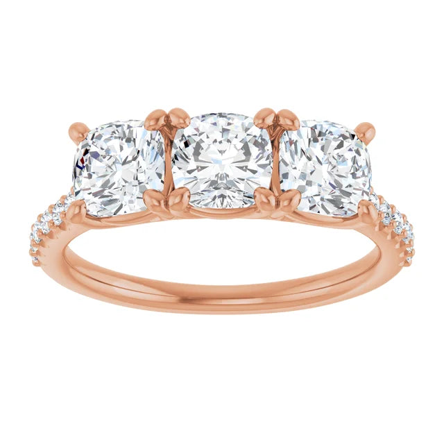 Cushion Rose Gold Tri Stone Lab Diamonds Engagement Ring 