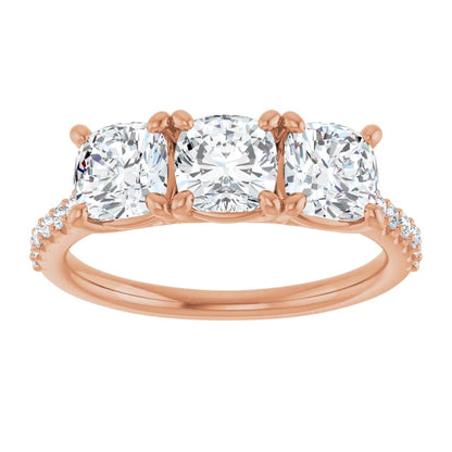Cushion Rose Gold Tri Stone Lab Diamonds Engagement Ring 