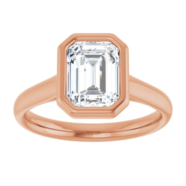 Emerald Rose Gold Bezel Solitaire Lab Diamond Engagement Ring 