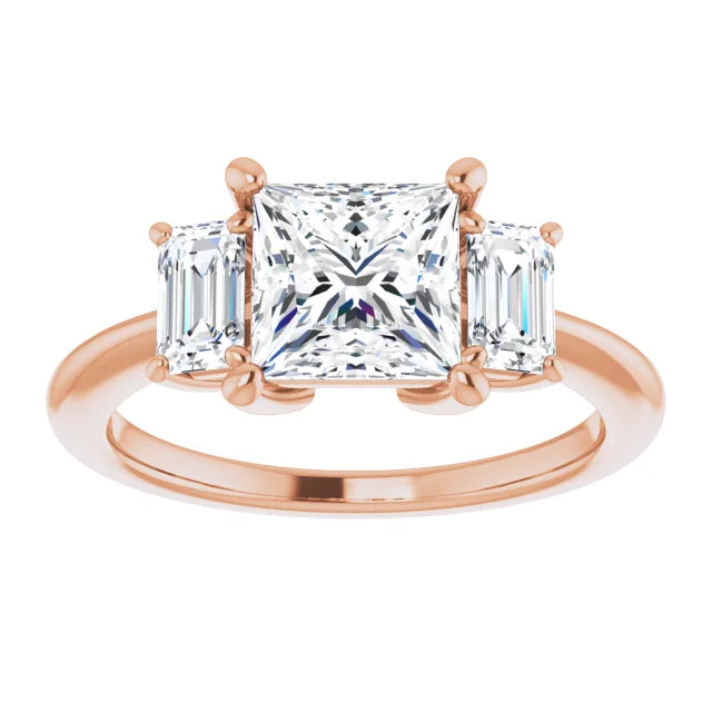 Princess Rose Gold Tri Stone Lab Diamond Engagement Ring