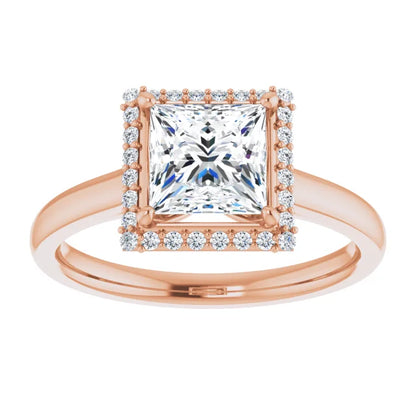Princess Halo Solitaire Lab Diamond Engagement Ring Rose Gold. 