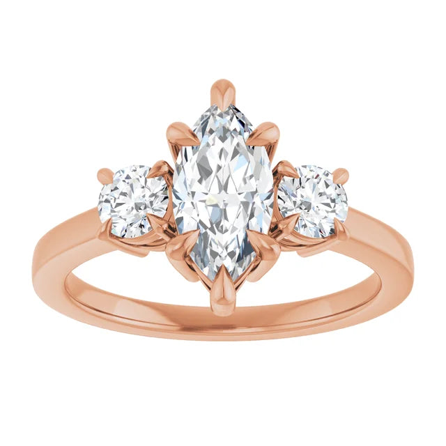 Marquise Rose Gold Tri Stone Lab Diamond Engagement Ring 