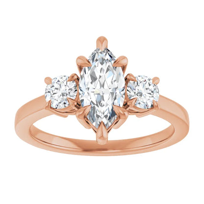 Marquise Rose Gold Tri Stone Lab Diamond Engagement Ring 